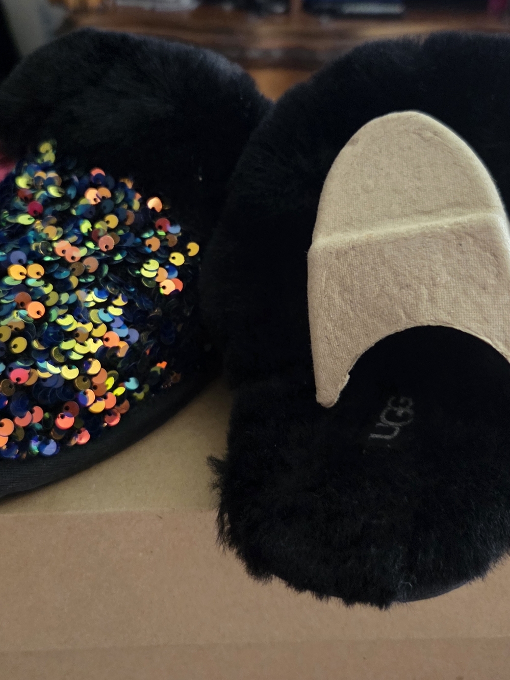 UGG Black Faux Fur Sequin Slide Slippers with Beige Strap